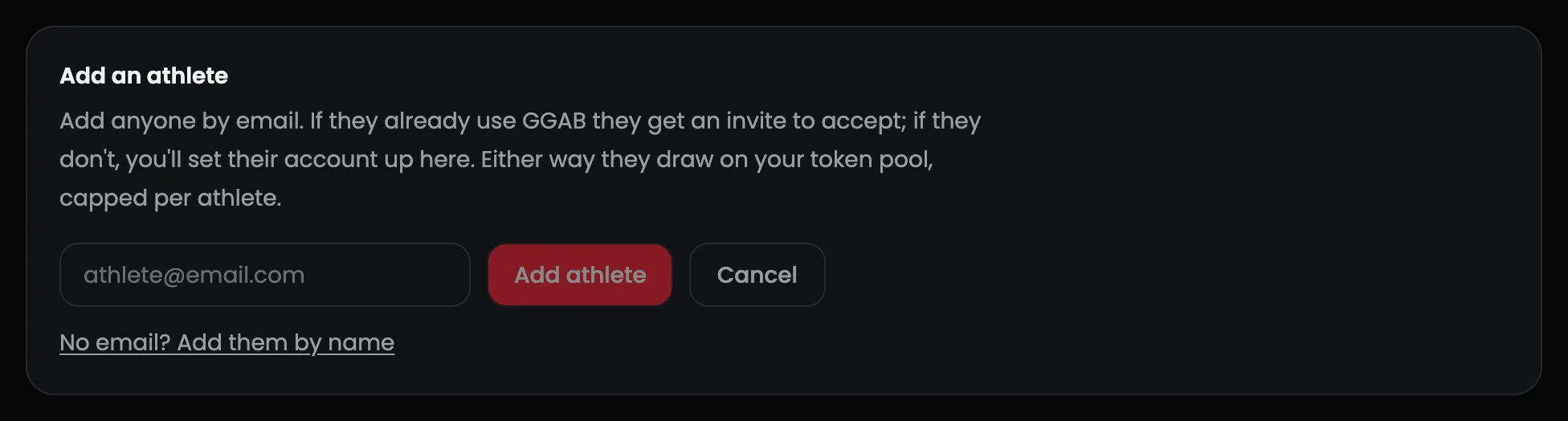 The Add an athlete panel with an email field, an Add athlete button, and a No email? Add them by name link.