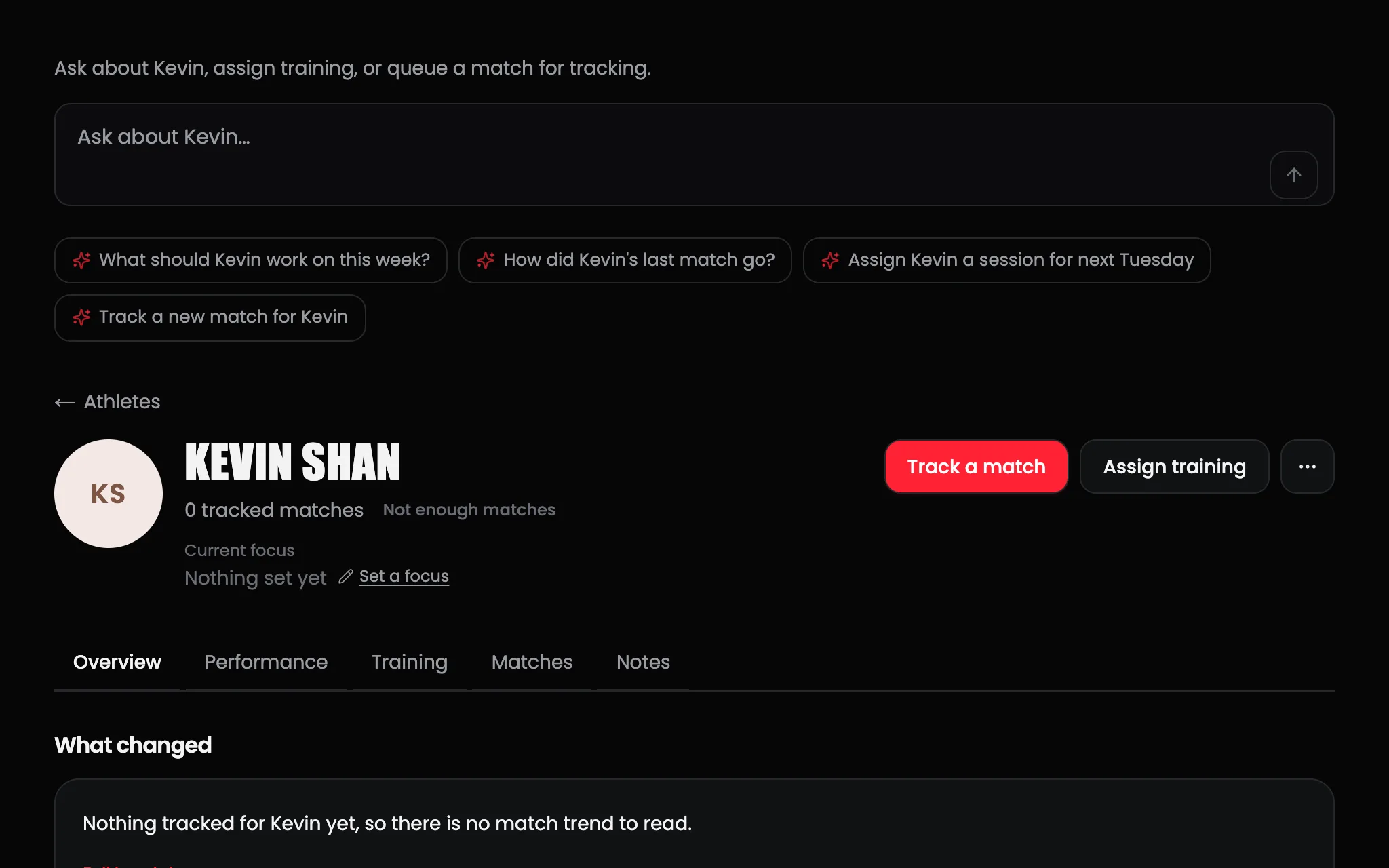 An athlete's page: a question box with suggested questions, the athlete's name and tracked match count, Track a match and Assign training buttons, and the Overview, Performance, Training, Matches and Notes tabs.