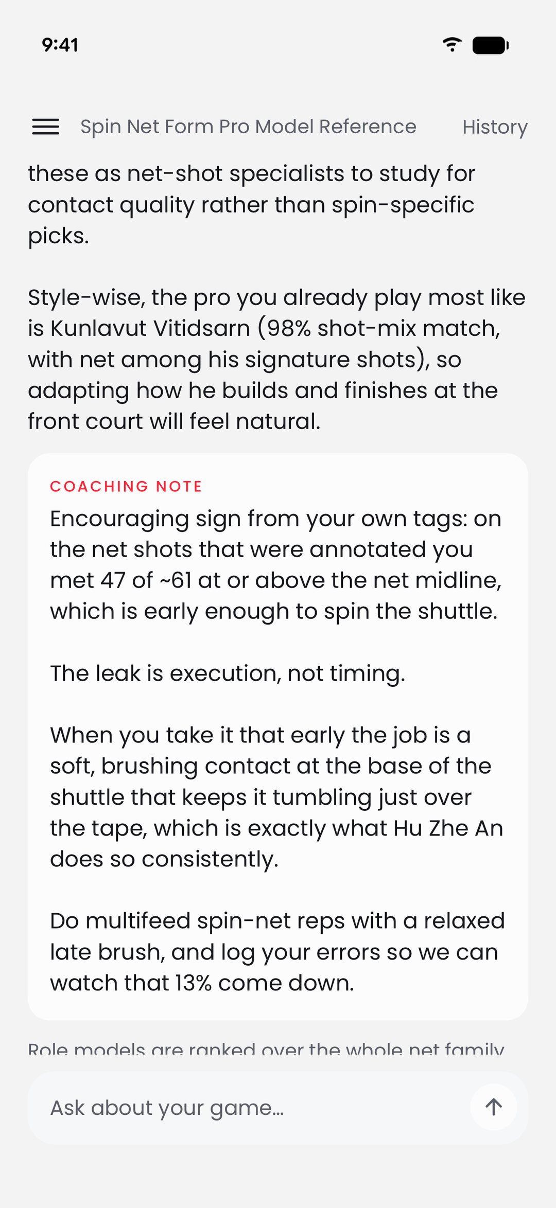 The same Ask GGAB answer, further down: a Coaching Note saying the leak is execution, not timing, with the drill to fix it