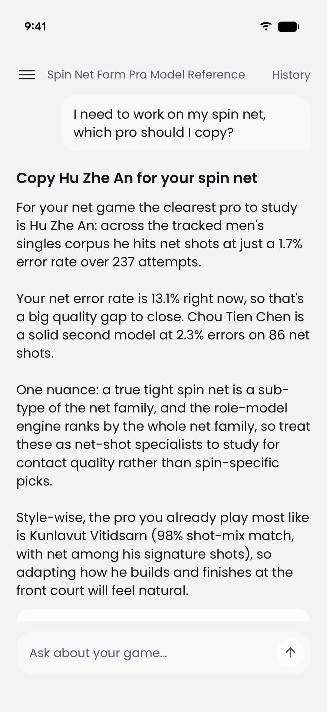 Ask GGAB answering which pro to copy for a spin net, with the player's 13.1% net error rate against Hu Zhe An's 1.7%
